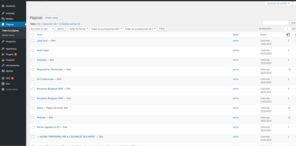 vista panel de control de WordPress